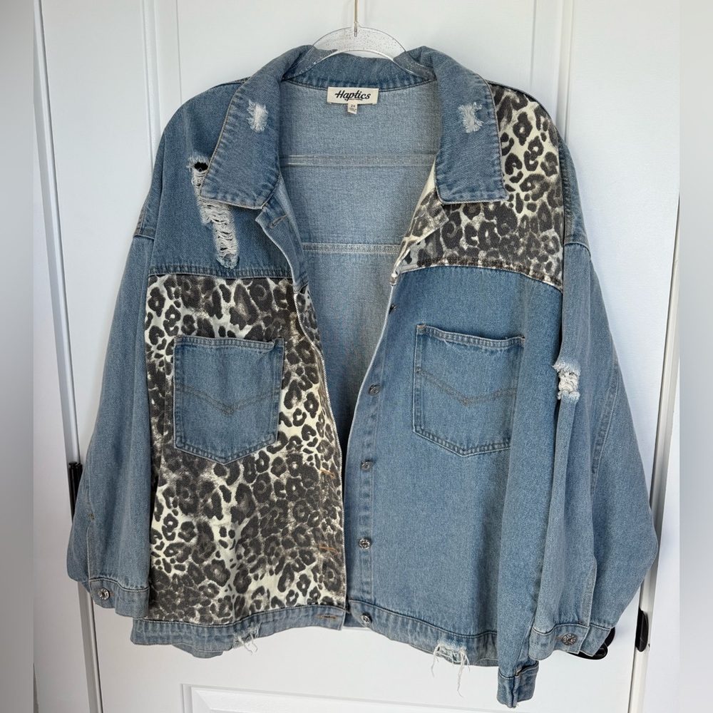 Haptics DISTRESSED DENIM & ANIMAL PRINT COLORBLOCK JACKET Sz 2X